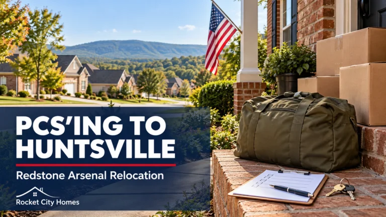 Moving boxes, military duffel bag, and house keys on a porch with “PCS’ing to Huntsville” text and Rocket City Homes branding.