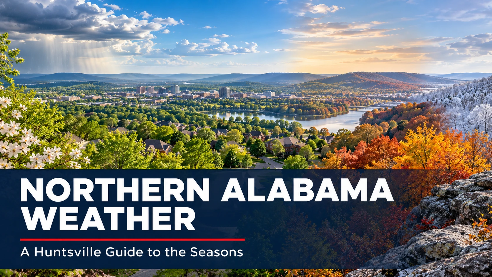 Four-season landscape with spring blossoms, summer greenery, autumn leaves, and winter frost, with “Northern Alabama Weather” text.