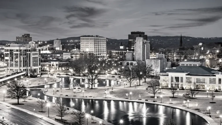 Downtown Huntsville skyline and Big Spring Park at dusk