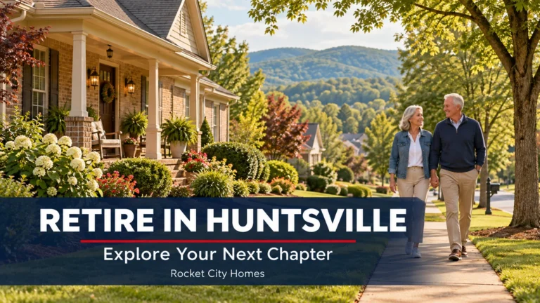Older couple walking past a brick home with “Retire in Huntsville” text and Rocket City Homes branding.