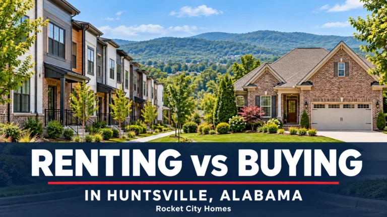 Townhomes beside a brick house with “Renting vs Buying in Huntsville, Alabama” text and Rocket City Homes branding.