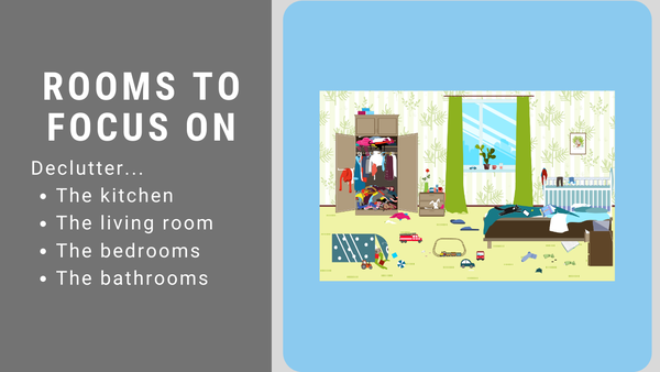 Graphic illustrating rooms to declutter before selling a home